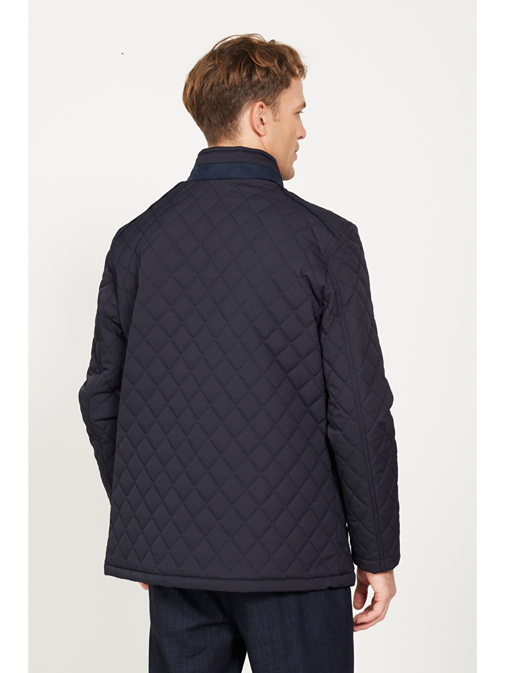 Erkek Lacivert Standart Fit Normal Kesim Dik Yaka Desenli Kapitone Overcoat-7