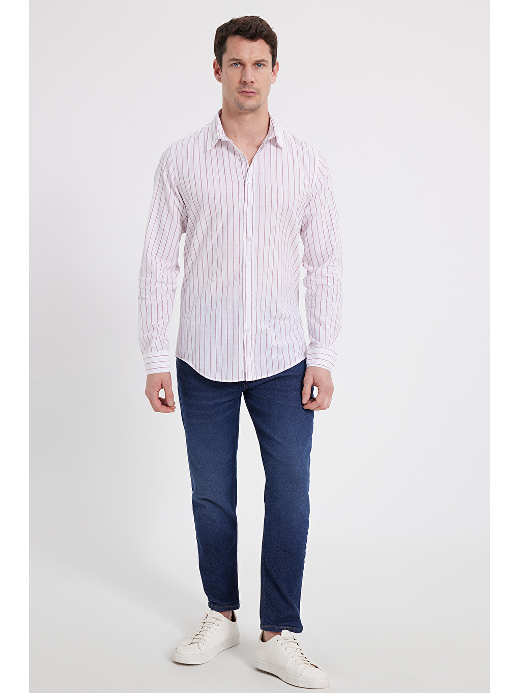 Beyaz Erkek Slim Fit Dar Kesim Uzun Kollu %100 Pamuk Keten Doku Çizgili Gömlek-1