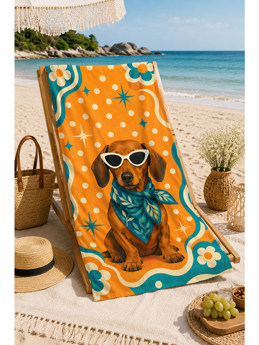 Kahverengi Gözlüklü Köpek Retro Turuncu Desenli 70x150 Plaj Havlusu-3