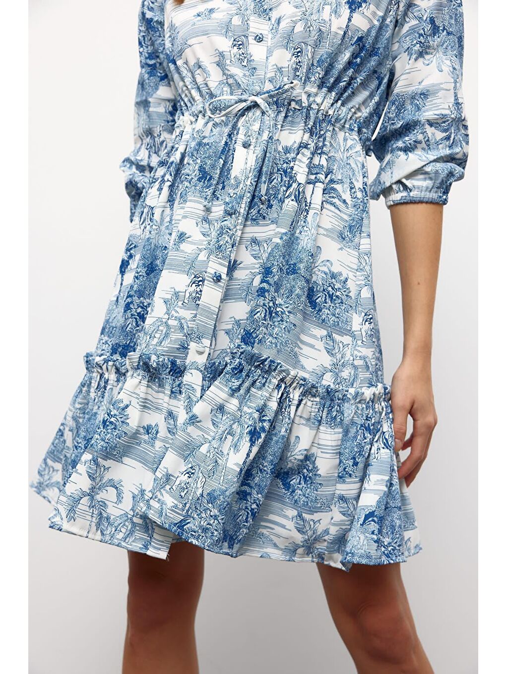 Muni Muni Baskılı Gömlek Yaka Elbise-Mavi-1