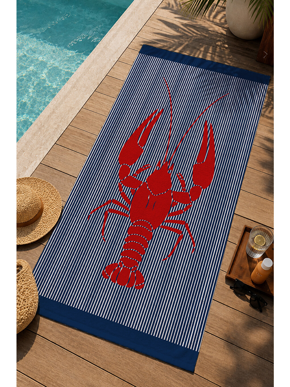 Milbay Grup Gri Çizgili Kırmızı Istakoz Desenli 70x150 Cm Dijital Plaj Ve Banyo Havlusu-37280-2