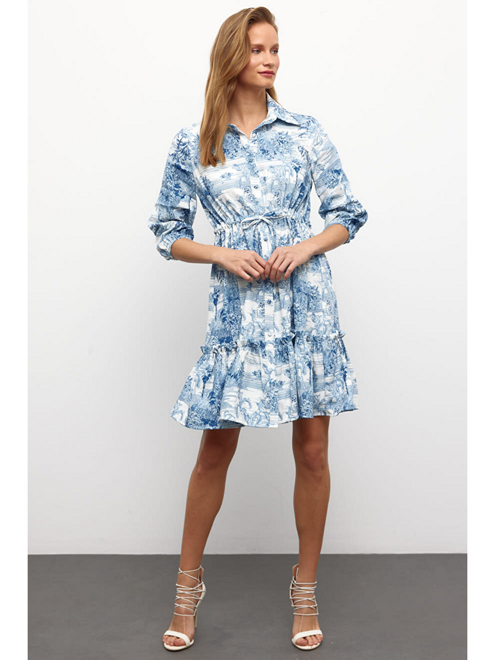 Muni Muni Baskılı Gömlek Yaka Elbise-Mavi-2