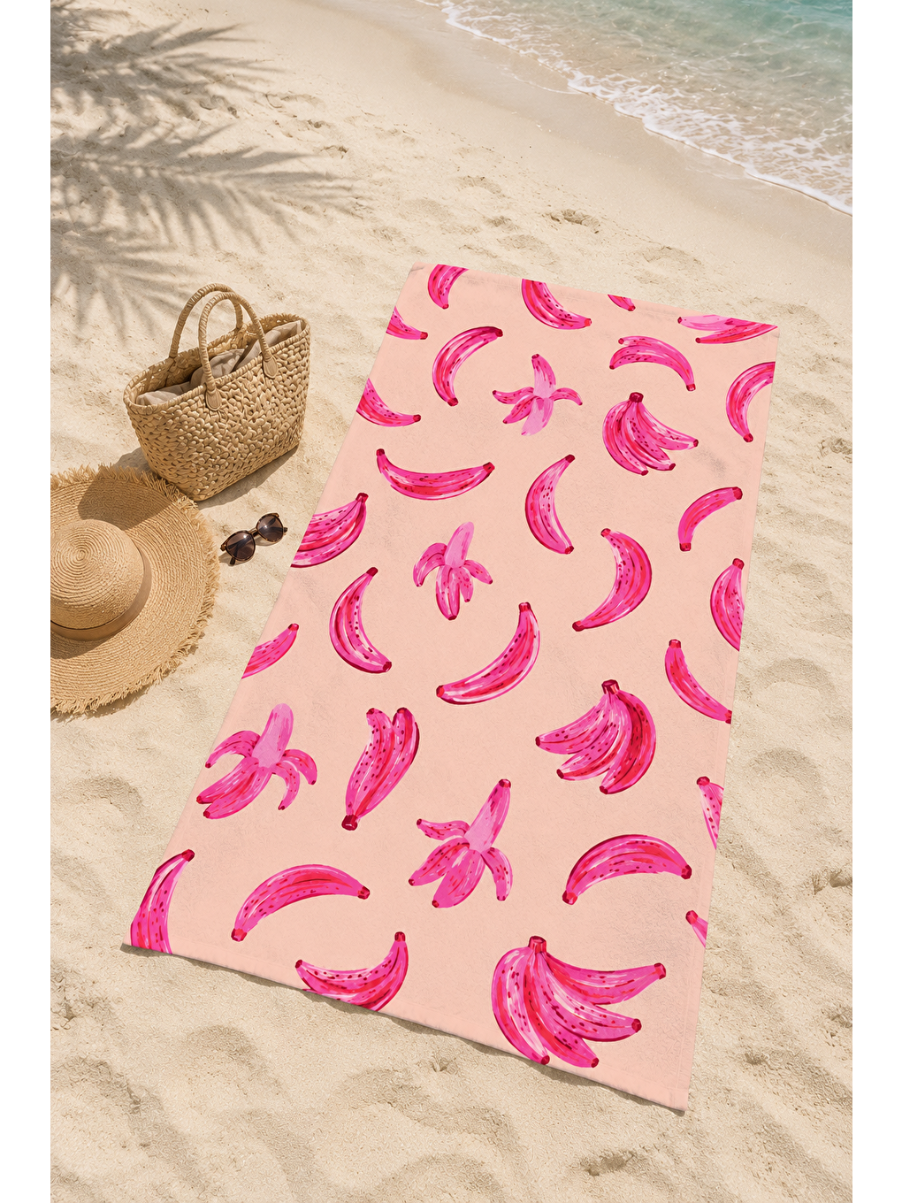 Lacivert Pembe Muz Ve Yaprak Desenli 70x150 Plaj Havlusu-2