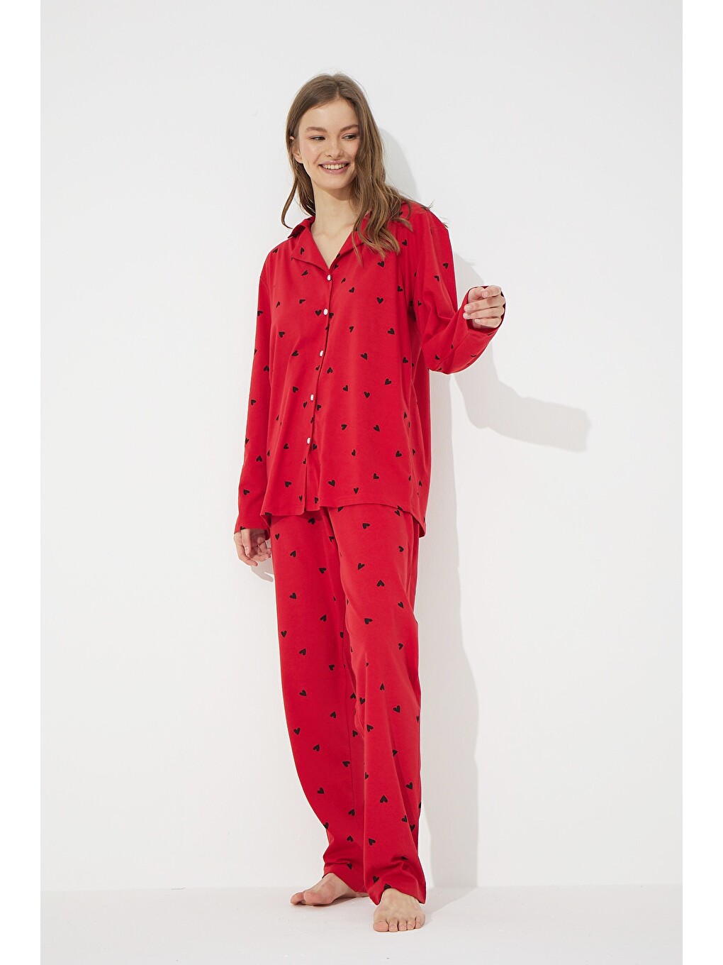 Kırmızı Pamuklu Düğmeli Pijama Takımı-1