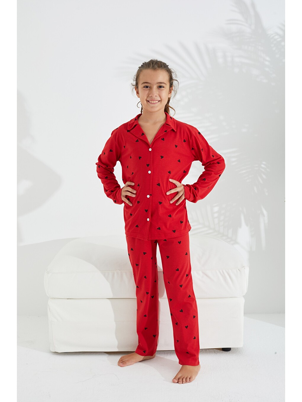 Kırmızı Pamuklu Düğmeli Pijama Takımı-3