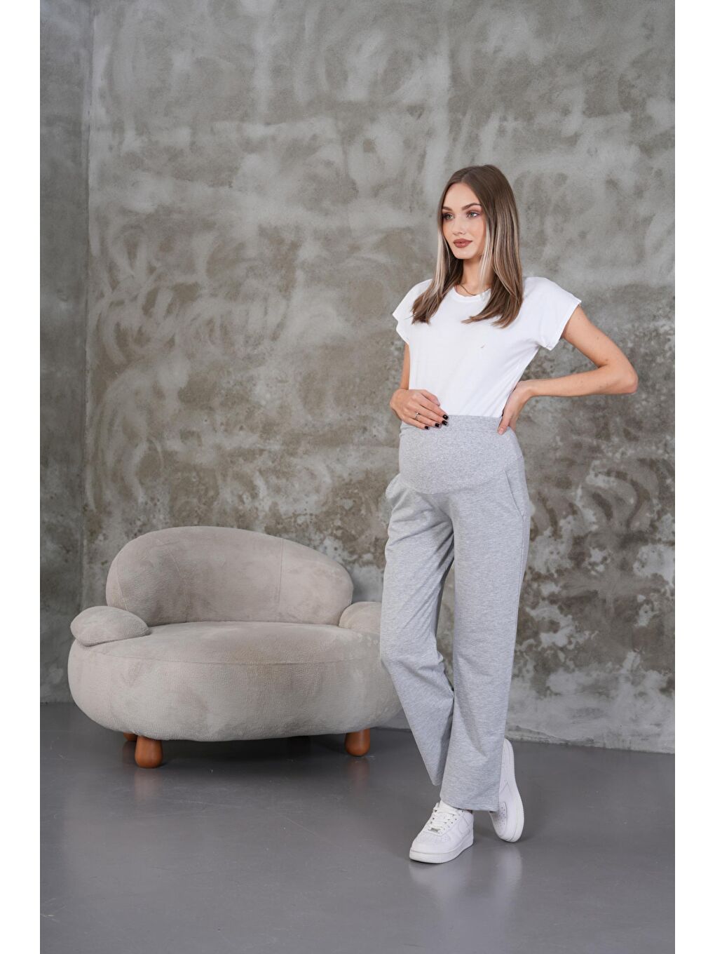 Gri Mom Fit Hamile & Lohusa Eşofman Altı-1