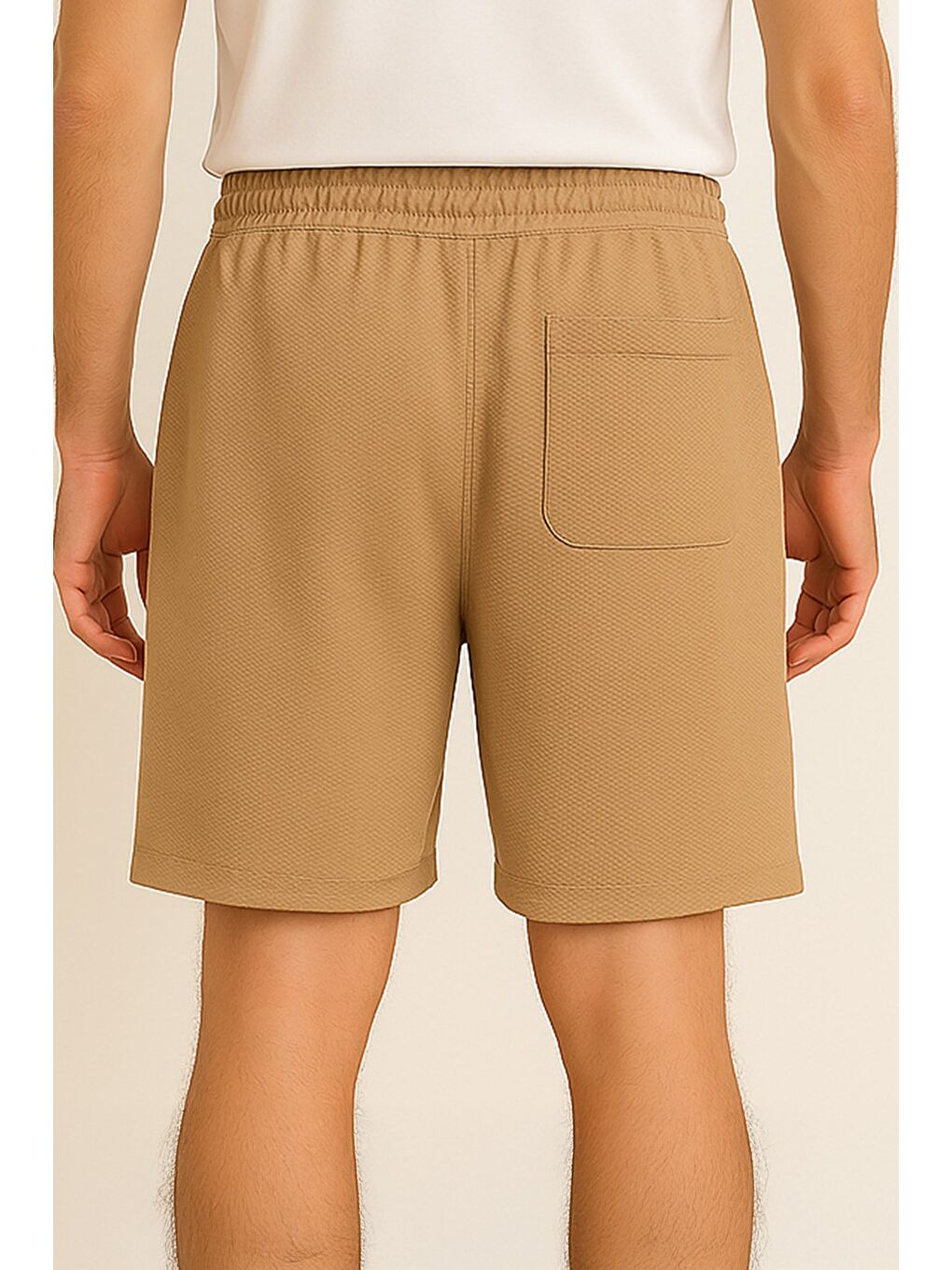 Bej Erkek Bel Lastikli Kendinden Desenli Cepli Şort-1