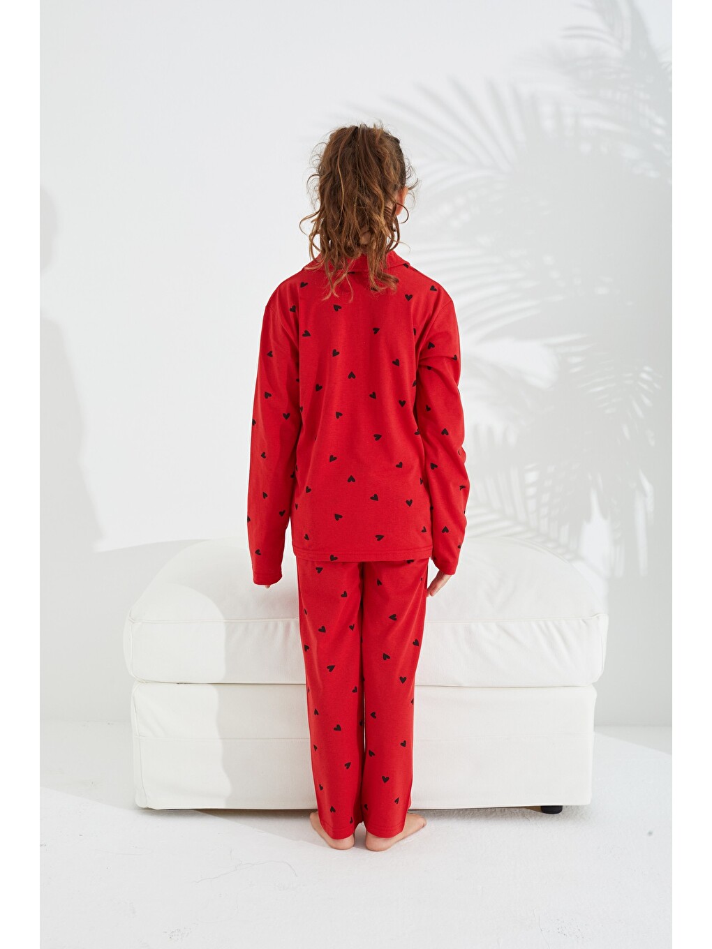 Kırmızı Pamuklu Düğmeli Pijama Takımı-4