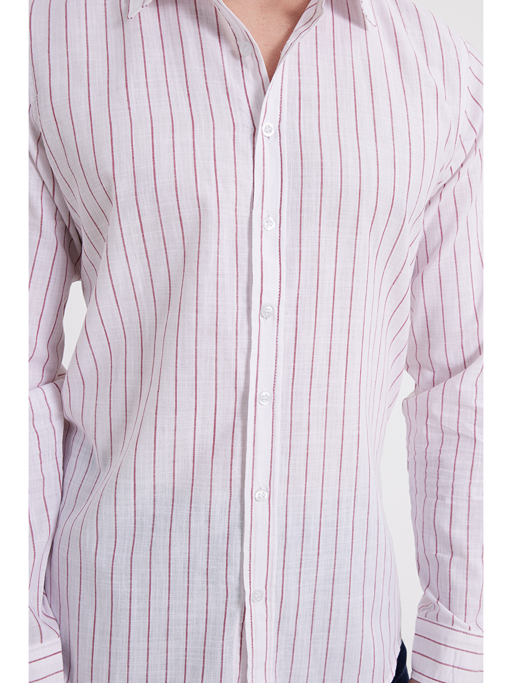 Beyaz Erkek Slim Fit Dar Kesim Uzun Kollu %100 Pamuk Keten Doku Çizgili Gömlek-4