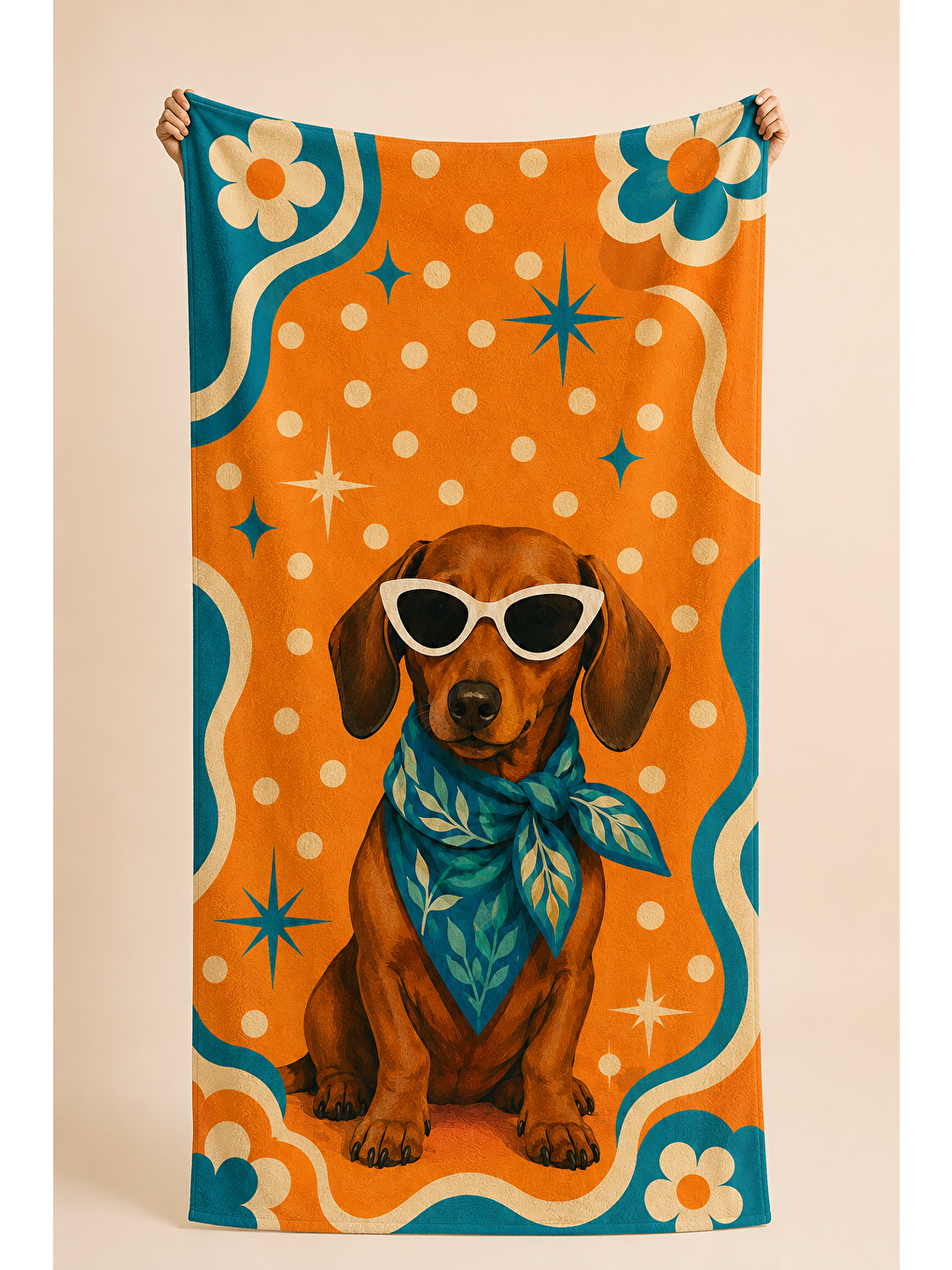 Kahverengi Gözlüklü Köpek Retro Turuncu Desenli 70x150 Plaj Havlusu-4