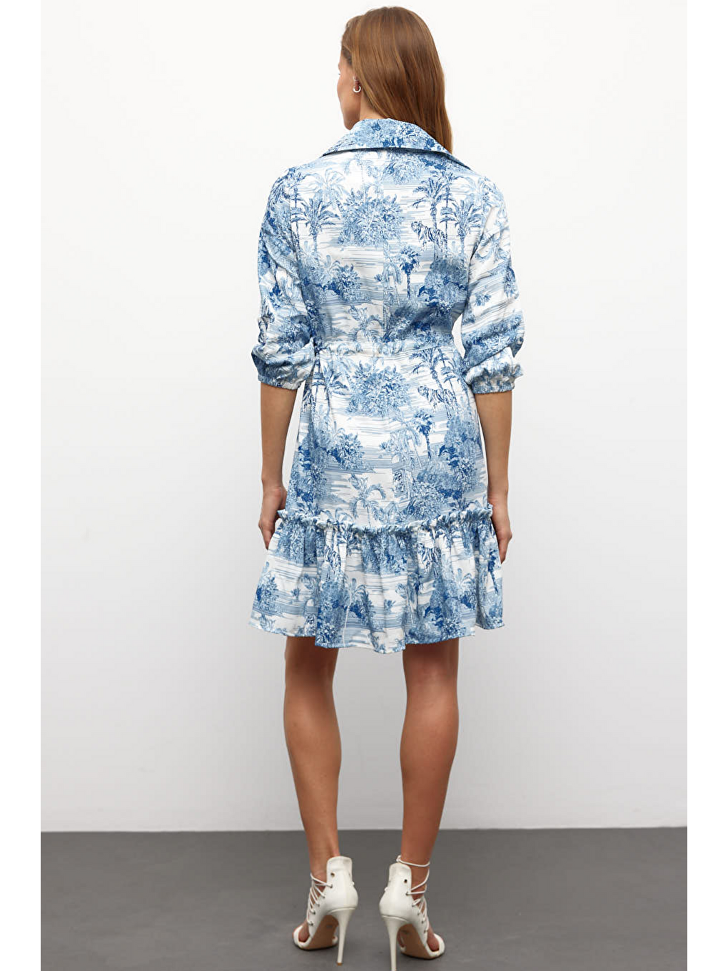 Muni Muni Baskılı Gömlek Yaka Elbise-Mavi-3