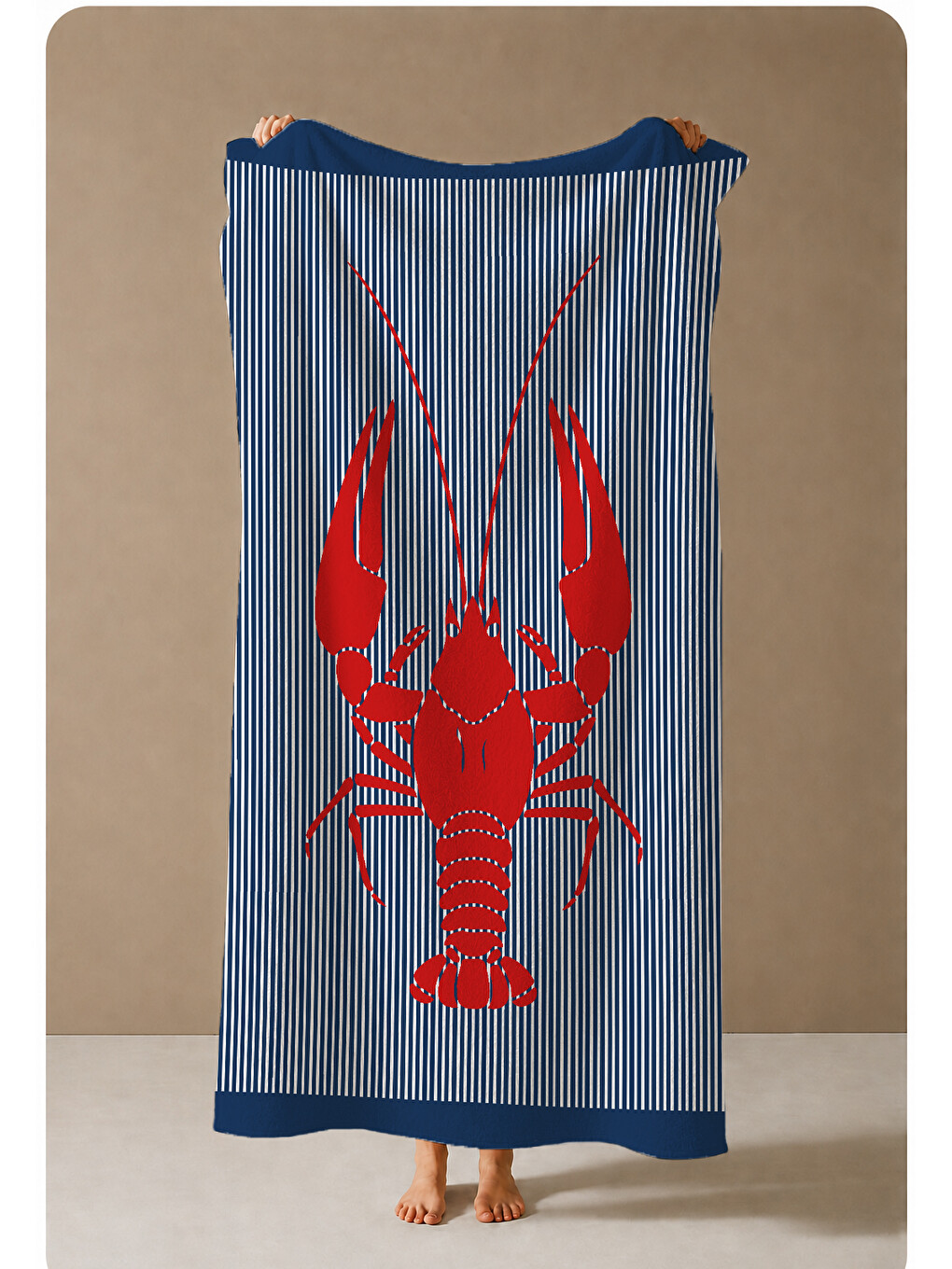 Milbay Grup Gri Çizgili Kırmızı Istakoz Desenli 70x150 Cm Dijital Plaj Ve Banyo Havlusu-37280-3