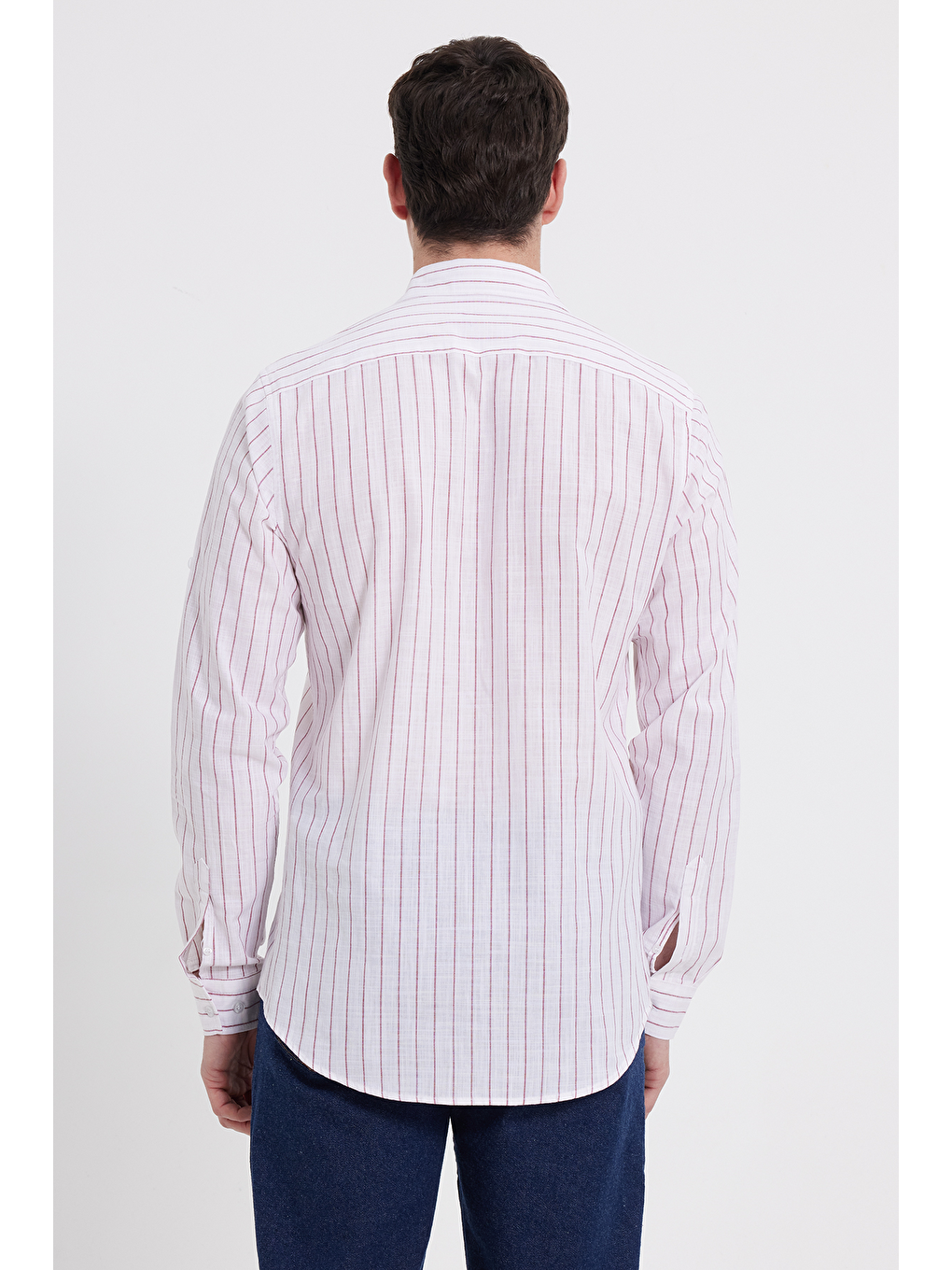 Beyaz Erkek Slim Fit Dar Kesim Uzun Kollu %100 Pamuk Keten Doku Çizgili Gömlek-5