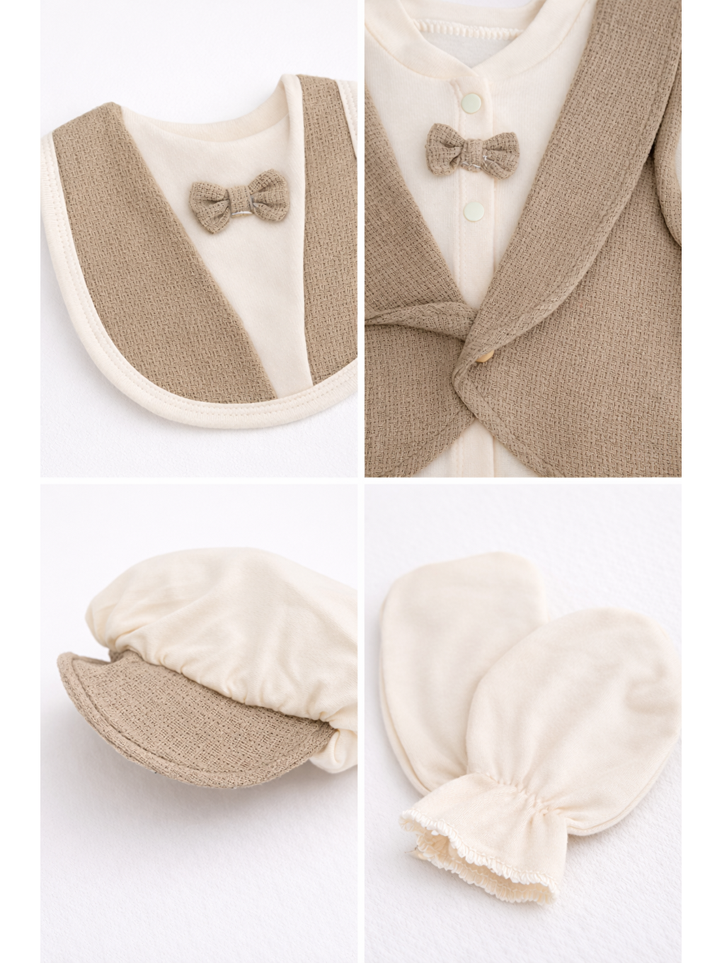 Bej Erkek Bebek Papyonlu Yelek Görünümlü Tulum 5li Hastane Çıkış Seti Pamuklu 0-3 ay Battaniye Dahil-2