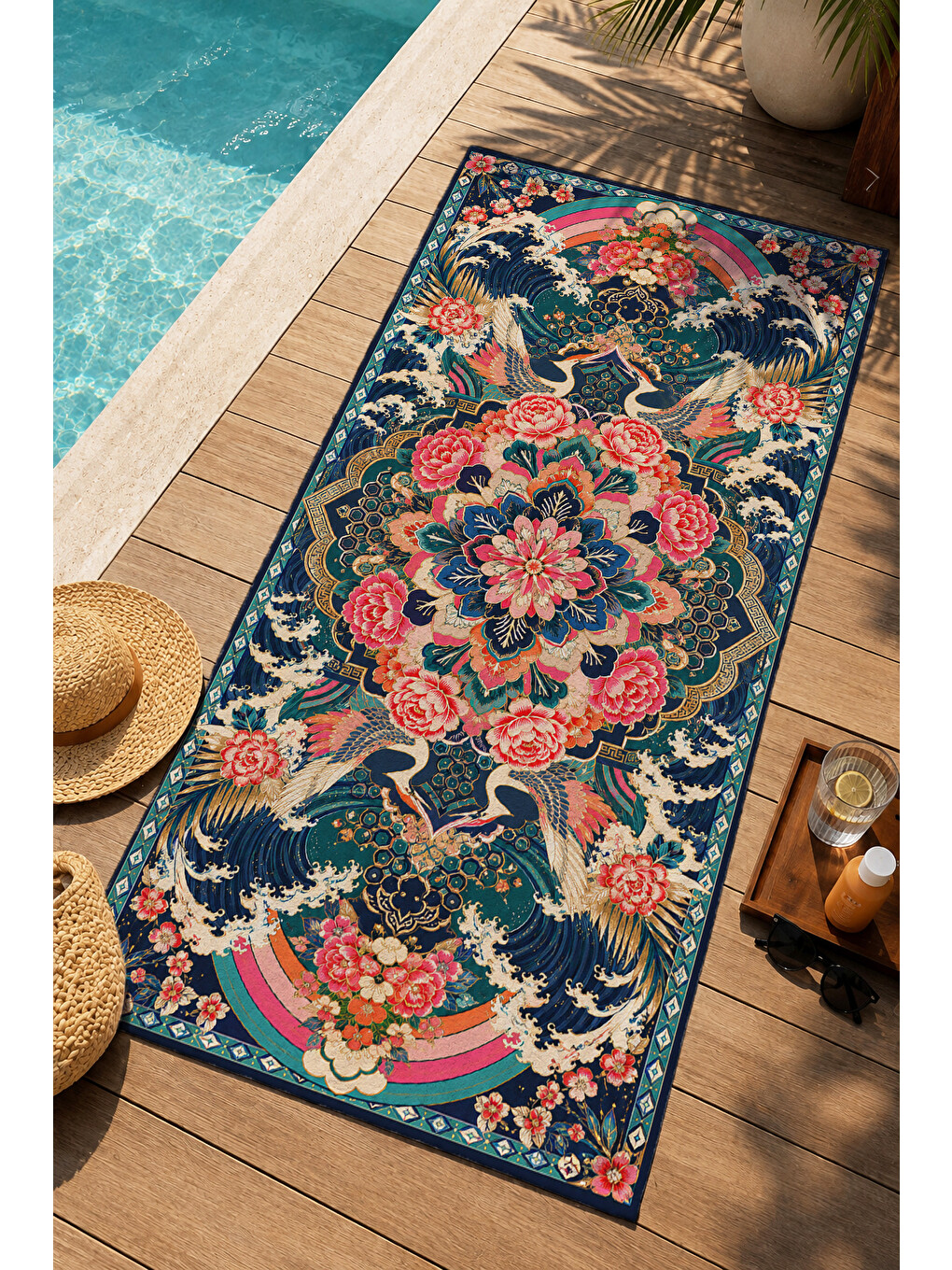 Otantik Lacivert Çiçekli Kilim Motifli Desenli 70x150 Plaj Havlusu - Pamuklu Banyo Havlusu