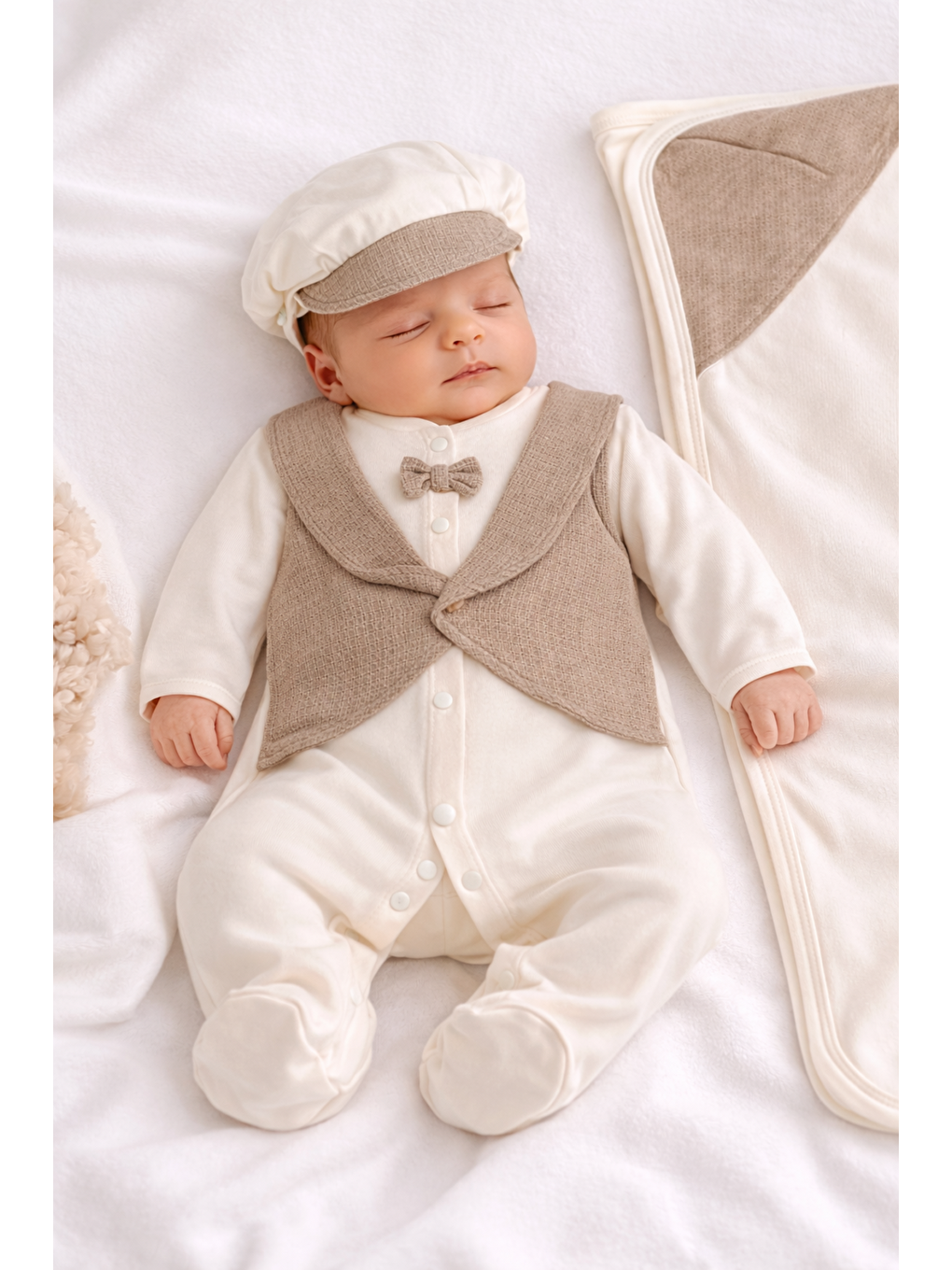 Bej Erkek Bebek Papyonlu Yelek Görünümlü Tulum 5li Hastane Çıkış Seti Pamuklu 0-3 ay Battaniye Dahil-3