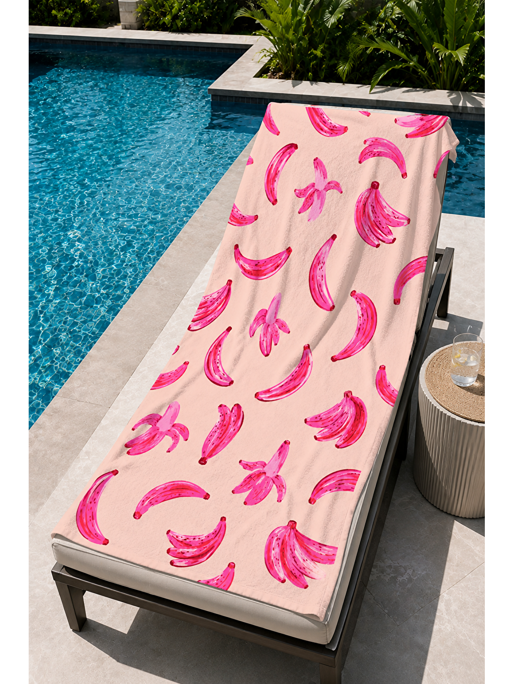 Lacivert Pembe Muz Ve Yaprak Desenli 70x150 Plaj Havlusu-3
