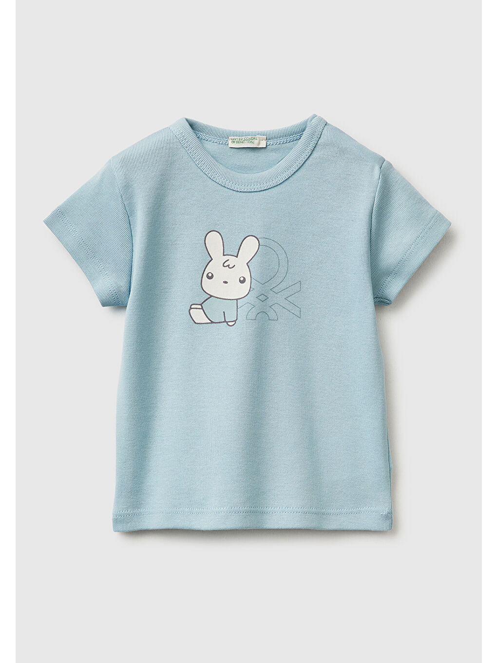 Bebek Buz Mavisi Baskılı Omzu Çıtçıtlı Ribanalı Kısa Kollu T-Shirt