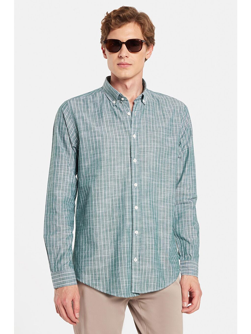 Erkek Slim Fit Dar Kesim Düğmeli Spor Yaka Keten Efekt %100 Pamuk Çizgili Yazlık Yeşil Gömlek-3
