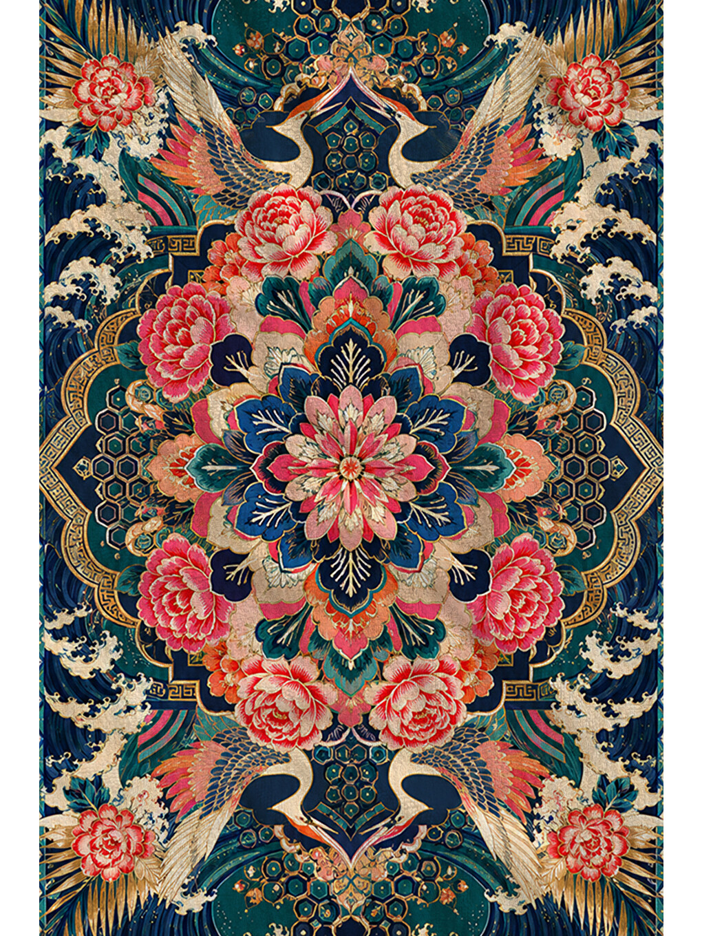 Otantik Lacivert Çiçekli Kilim Motifli Desenli 70x150 Plaj Havlusu - Pamuklu Banyo Havlusu-1