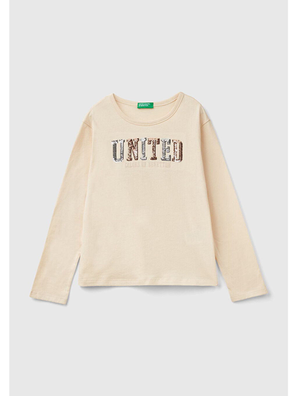 United Colors Of Benetton Kız Çocuk Ekru Önü Pullu Logo İşlemeli Bisiklet Yaka Uzun Kollu T-Shirt