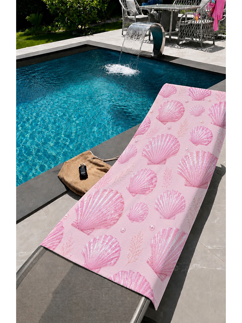 Mavi Pembe Deniz Kabuğu Tekrar Desenli 70x150 Plaj Havlusu-1