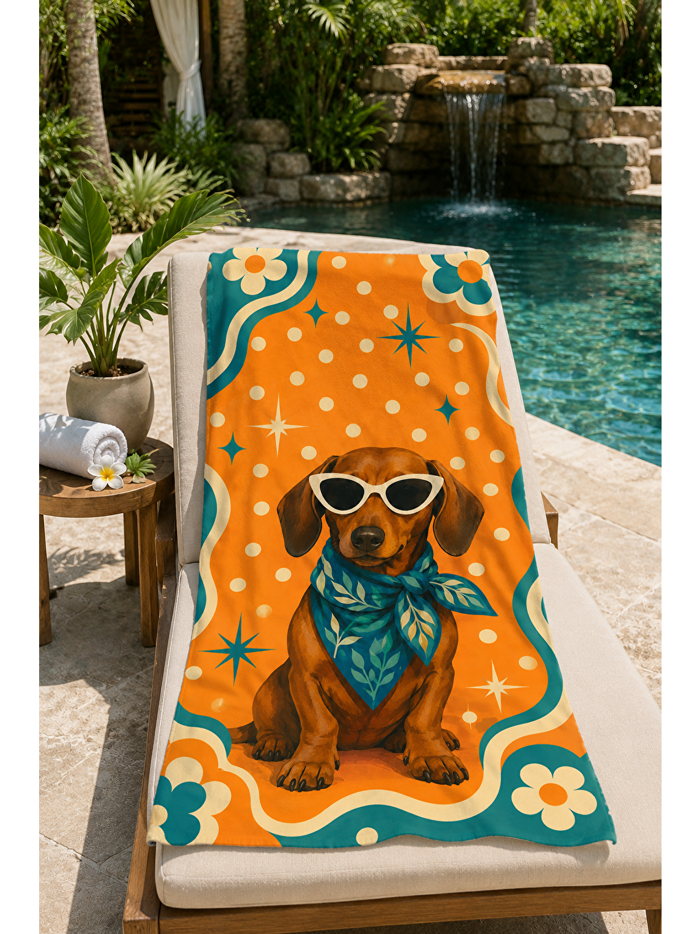 Kahverengi Gözlüklü Köpek Retro Turuncu Desenli 70x150 Plaj Havlusu-5