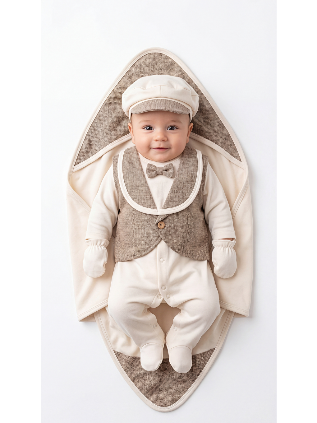 Bej Şal Yaka Yelekli Papyonlu 5'Lı Erkek Bebek Yenidoğan Takımı-1