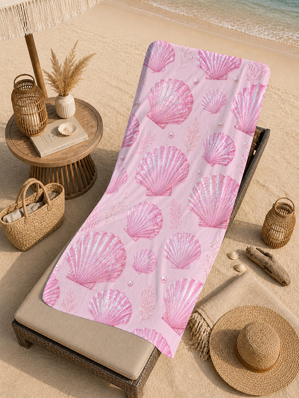 Mavi Pembe Deniz Kabuğu Tekrar Desenli 70x150 Plaj Havlusu-2