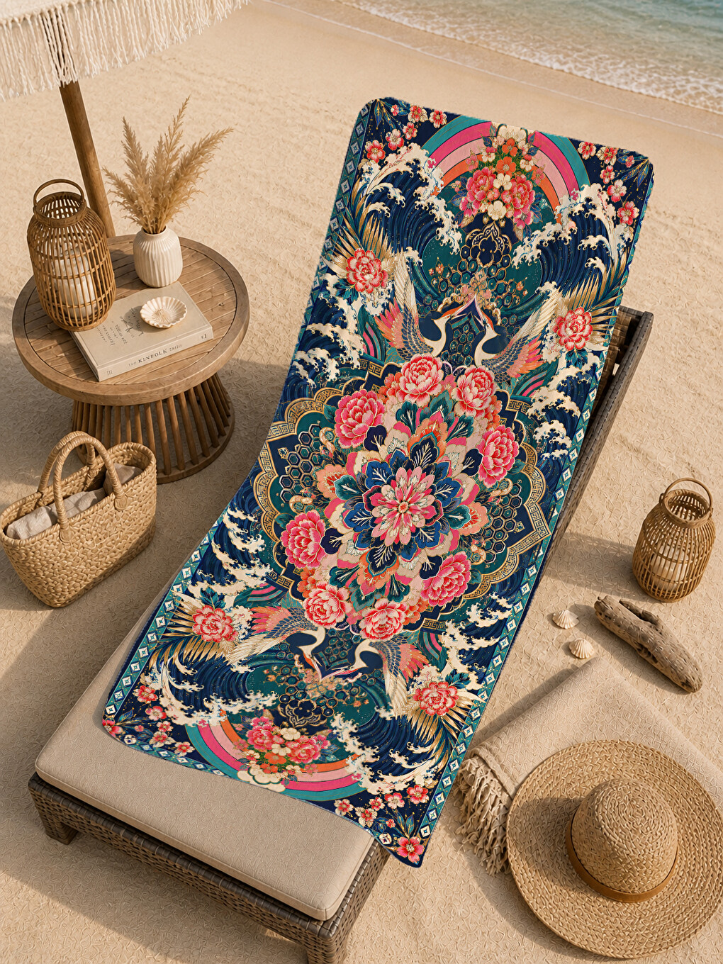 Otantik Lacivert Çiçekli Kilim Motifli Desenli 70x150 Plaj Havlusu - Pamuklu Banyo Havlusu-2