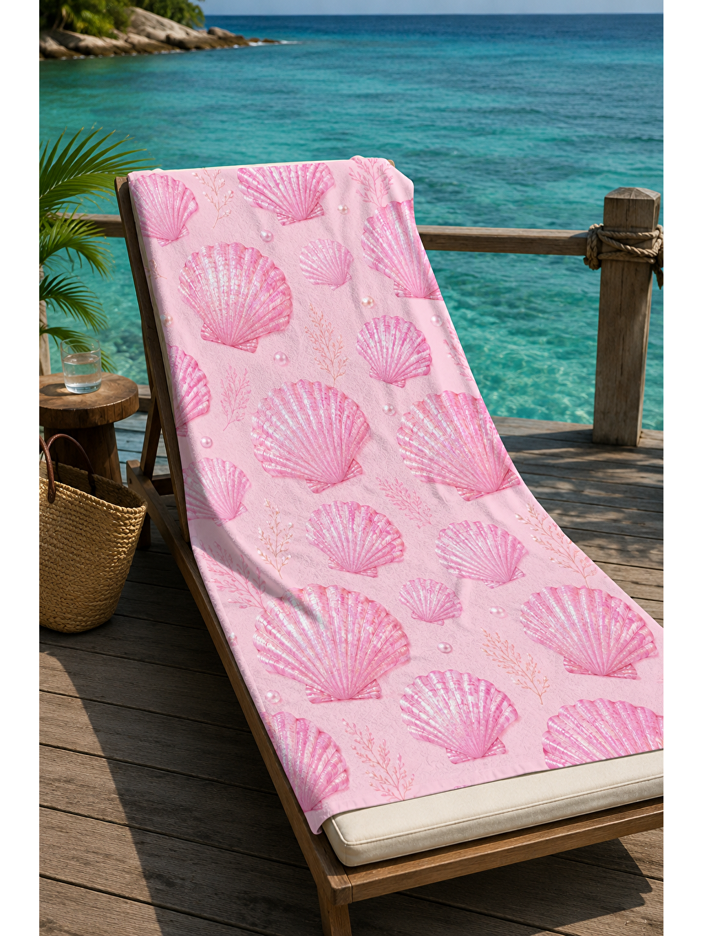 Mavi Pembe Deniz Kabuğu Tekrar Desenli 70x150 Plaj Havlusu-3