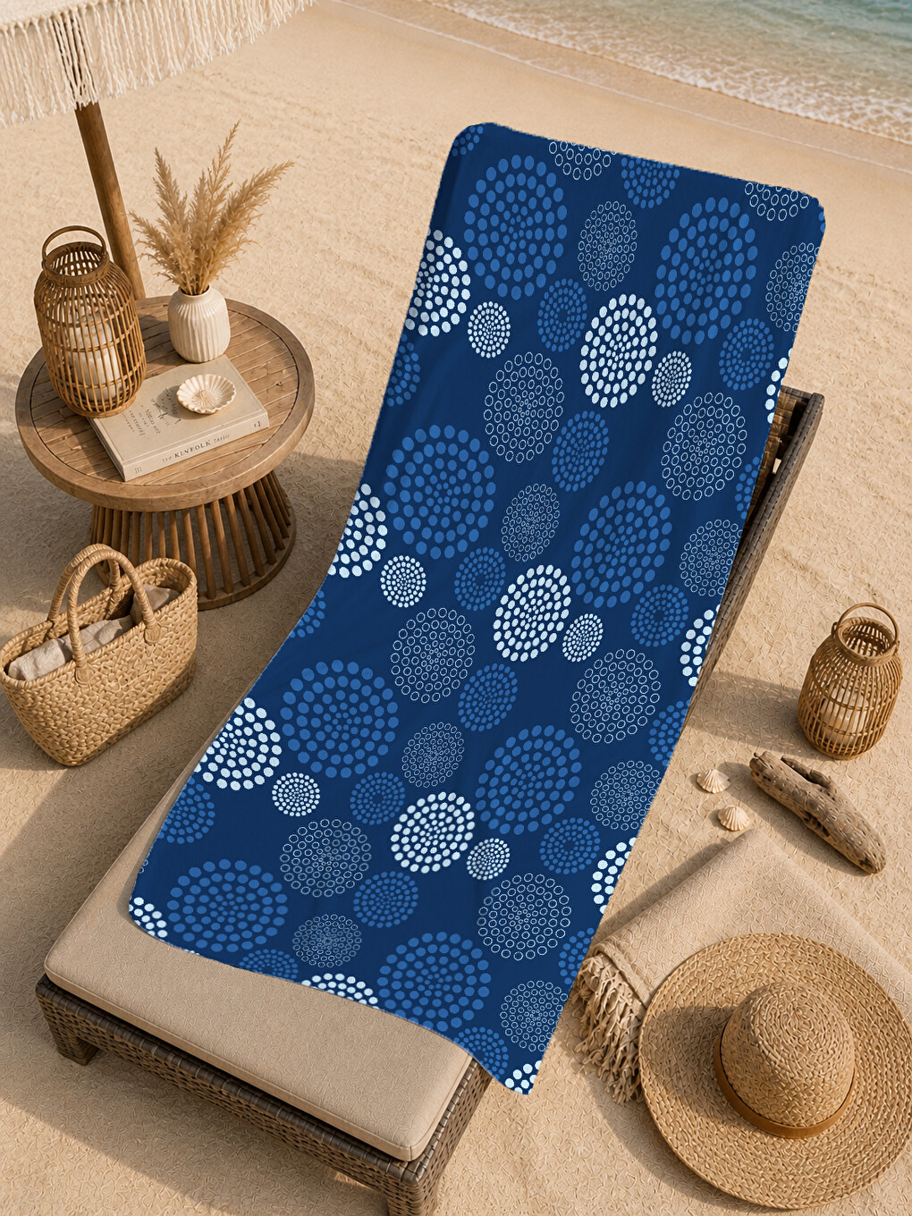 Lacivert Daire Ve Deniz Motifli Desenli 70x150 Cm Dijital Baskılı Plaj Ve Banyo Havlusu-4