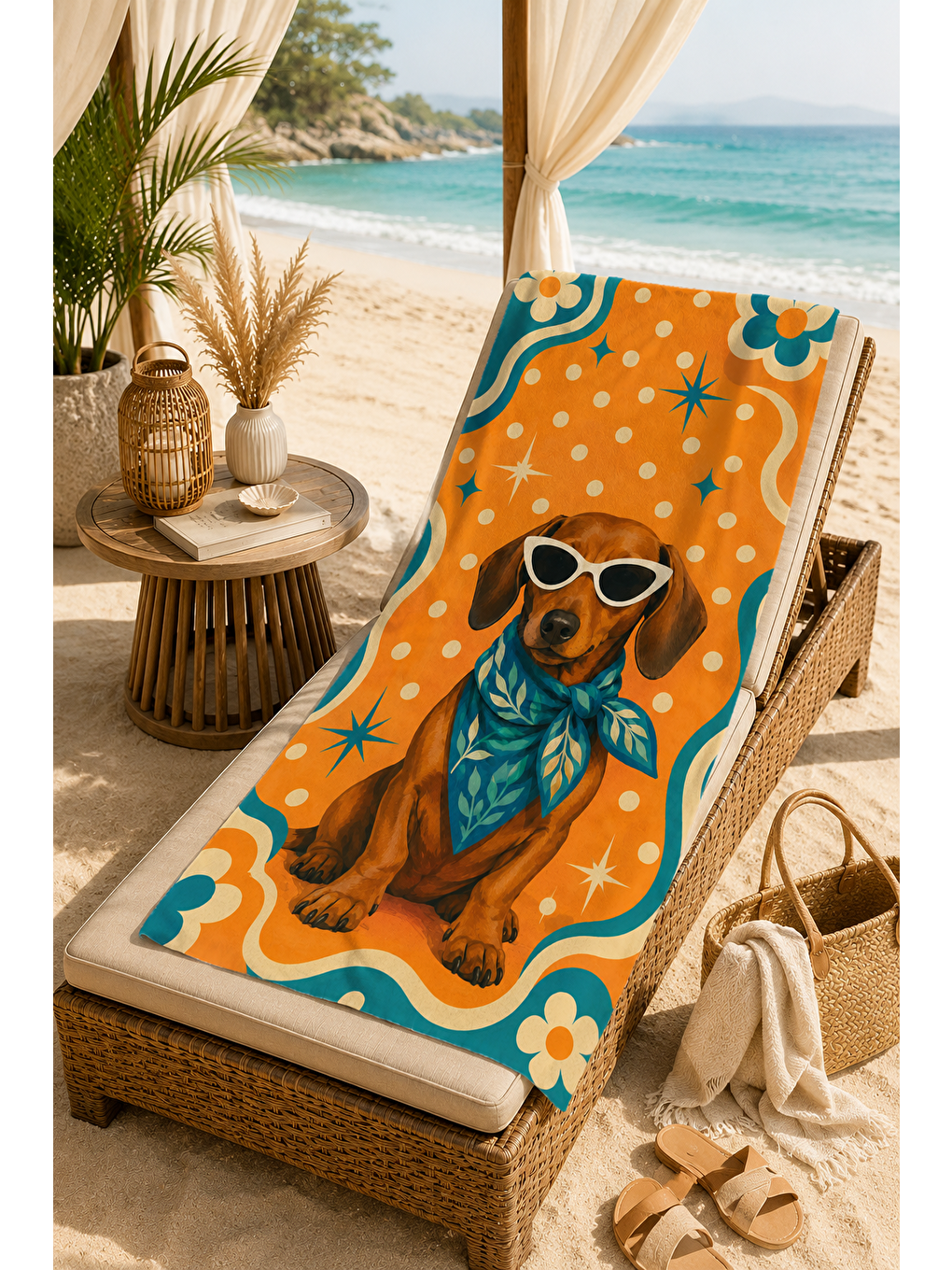 Kahverengi Gözlüklü Köpek Retro Turuncu Desenli 70x150 Plaj Havlusu-6