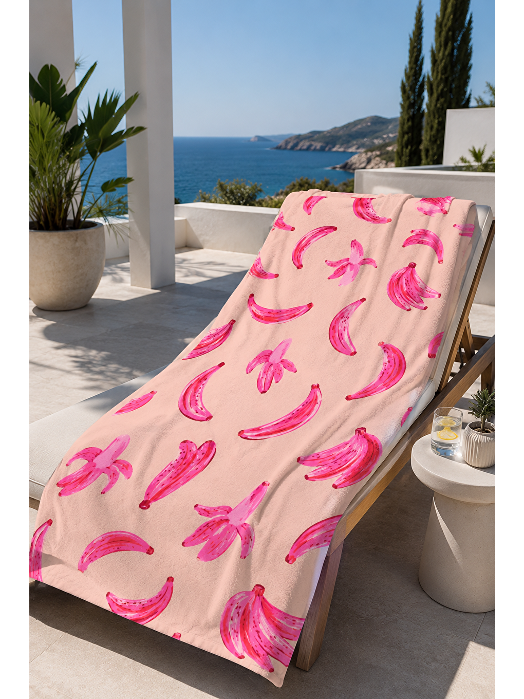 Lacivert Pembe Muz Ve Yaprak Desenli 70x150 Plaj Havlusu-4
