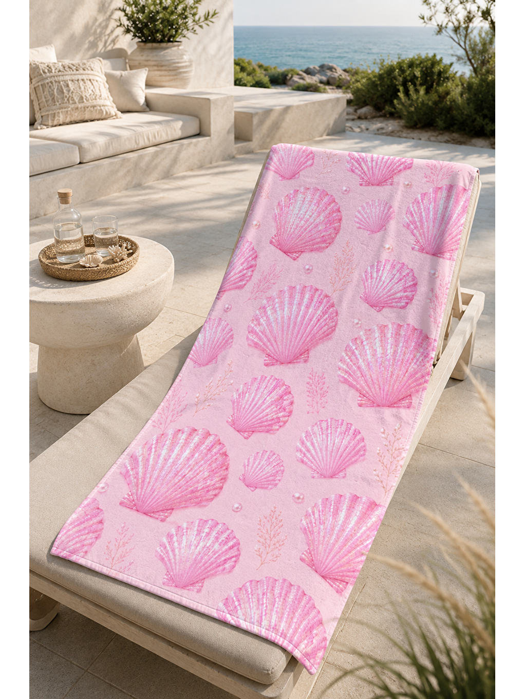 Mavi Pembe Deniz Kabuğu Tekrar Desenli 70x150 Plaj Havlusu-4