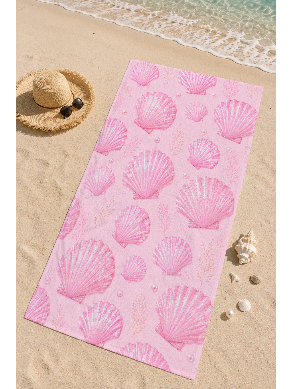 Mavi Pembe Deniz Kabuğu Tekrar Desenli 70x150 Plaj Havlusu-5