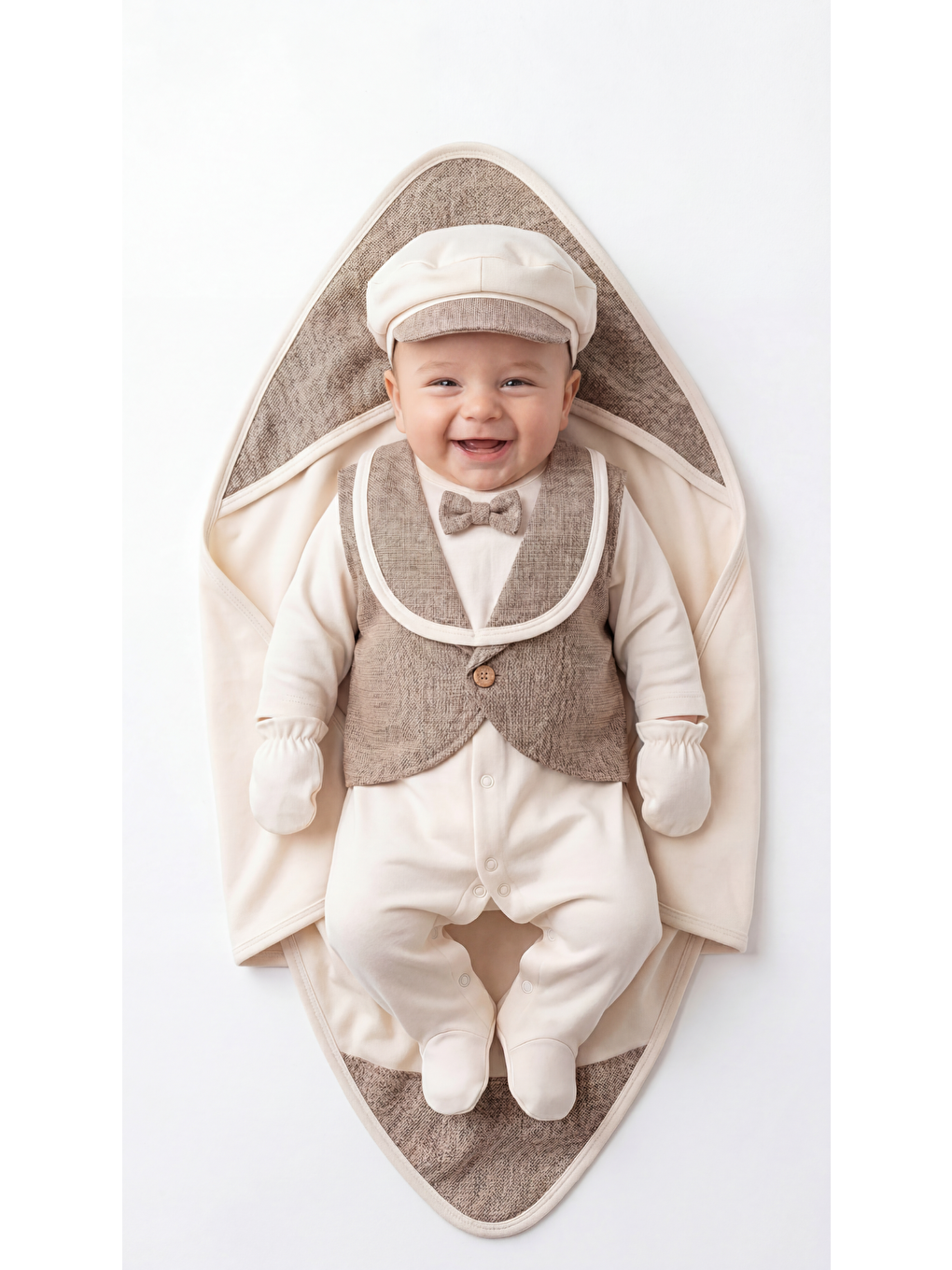 Bej Şal Yaka Yelekli Papyonlu 5'Lı Erkek Bebek Yenidoğan Takımı-3