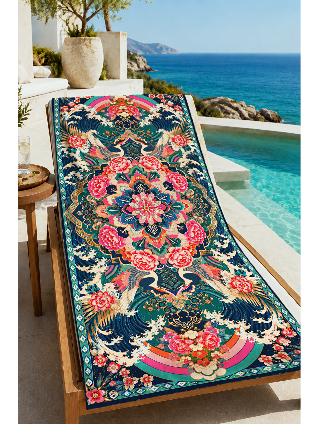 Otantik Lacivert Çiçekli Kilim Motifli Desenli 70x150 Plaj Havlusu - Pamuklu Banyo Havlusu-3