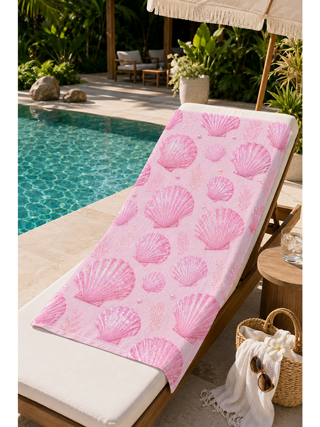 Mavi Pembe Deniz Kabuğu Tekrar Desenli 70x150 Plaj Havlusu-7