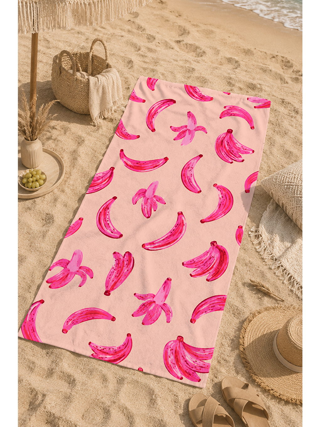 Lacivert Pembe Muz Ve Yaprak Desenli 70x150 Plaj Havlusu-5