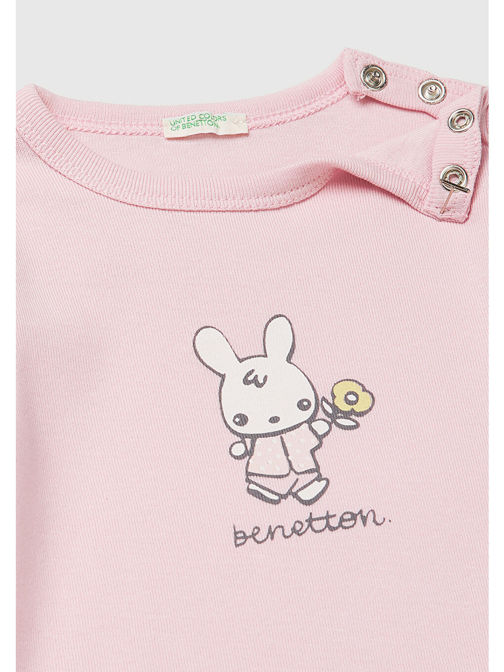 Bebek Toz Pembe Baskılı Omzu Çıtçıtlı Ribanalı Kısa Kollu T-Shirt-2