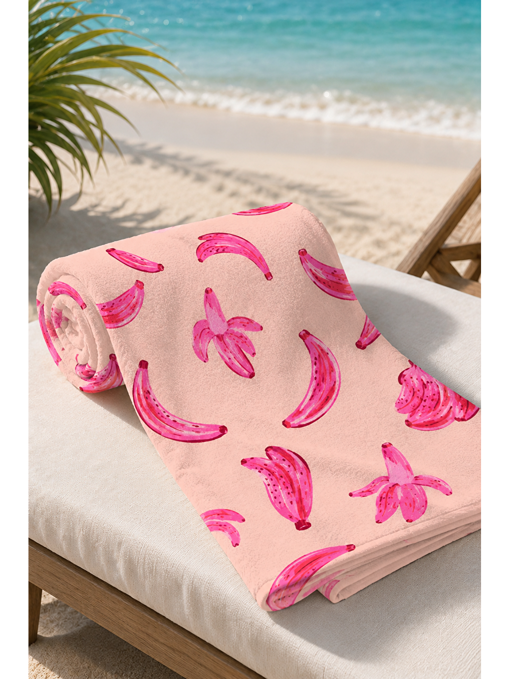 Lacivert Pembe Muz Ve Yaprak Desenli 70x150 Plaj Havlusu-6