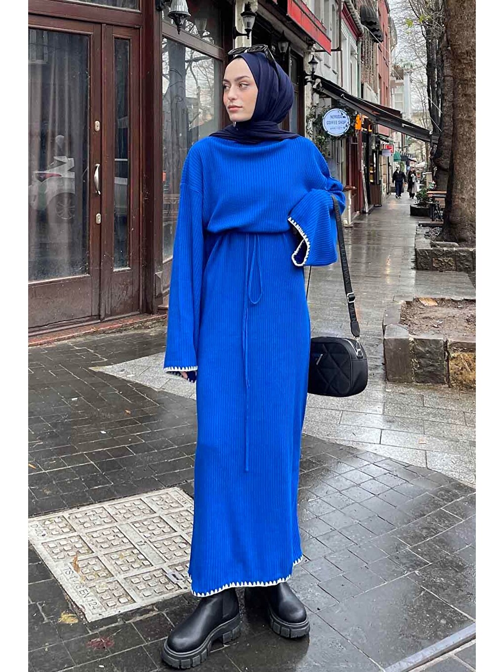 Kol-etek Ucu Nakışlı Triko Elbise Saks Mavisi