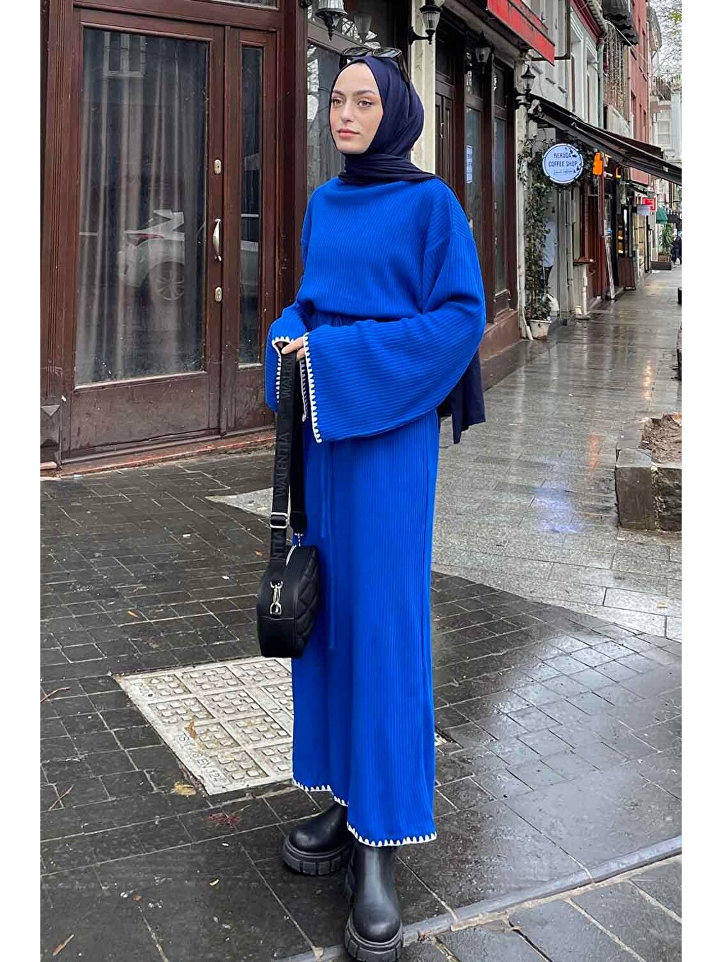 Kol-etek Ucu Nakışlı Triko Elbise Saks Mavisi-1