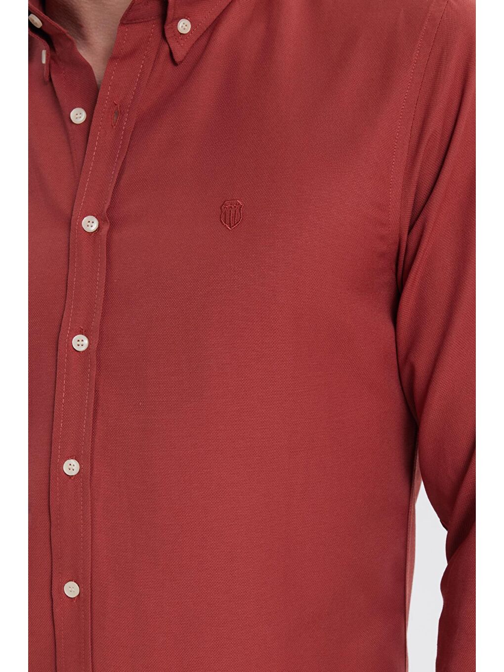 Kahverengi Erkek Slim Fit Dar Kesim Düz Oxford Armalı Düğmeli Yaka Kiremit Spor Gömlek-2