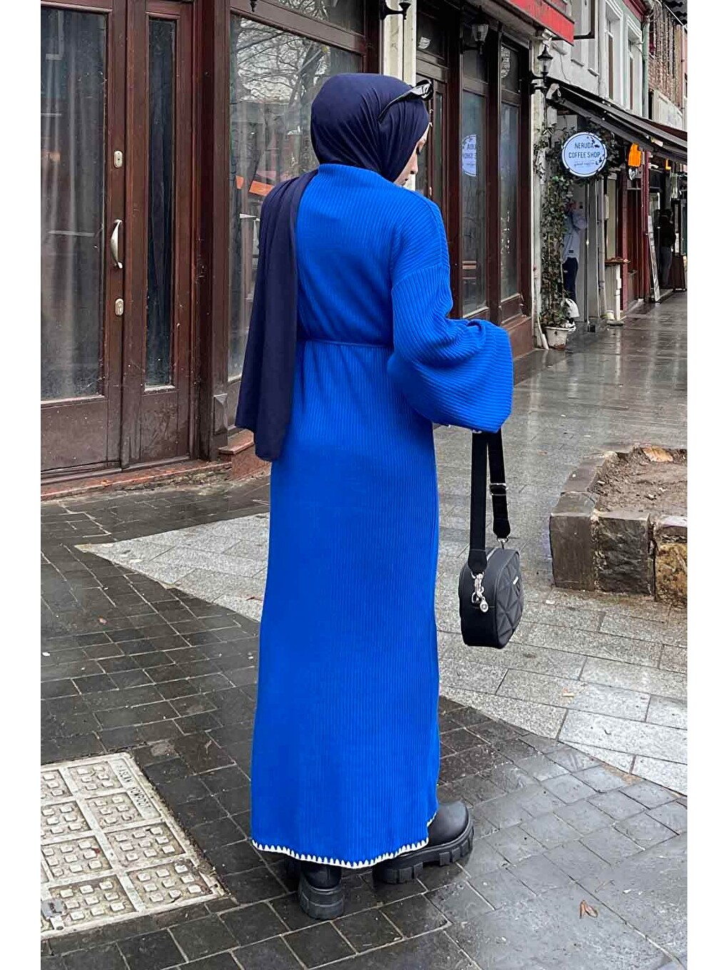 Kol-etek Ucu Nakışlı Triko Elbise Saks Mavisi-3