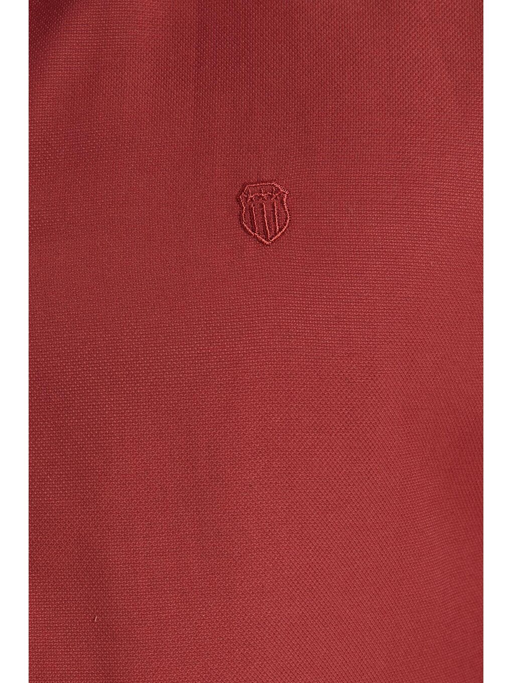 Kahverengi Erkek Slim Fit Dar Kesim Düz Oxford Armalı Düğmeli Yaka Kiremit Spor Gömlek-5