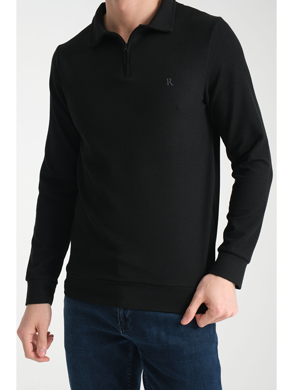 Siyah Erkek Yarım Fermuarlı Uzun Kol Sweatshirt 7702-2
