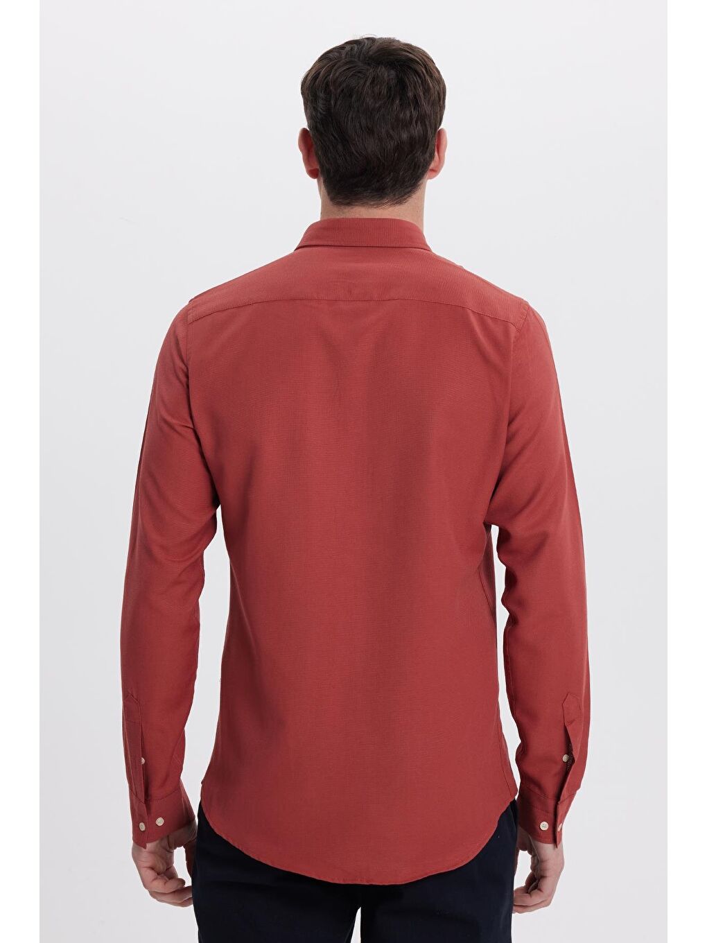 Kahverengi Erkek Slim Fit Dar Kesim Düz Oxford Armalı Düğmeli Yaka Kiremit Spor Gömlek-6