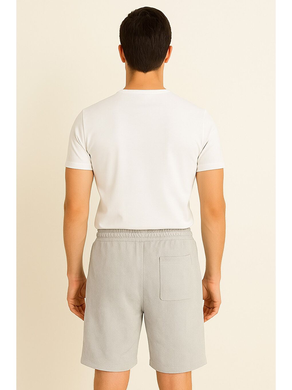 Gri Erkek Bel Lastikli Kendinden Desenli Cepli Şort-1